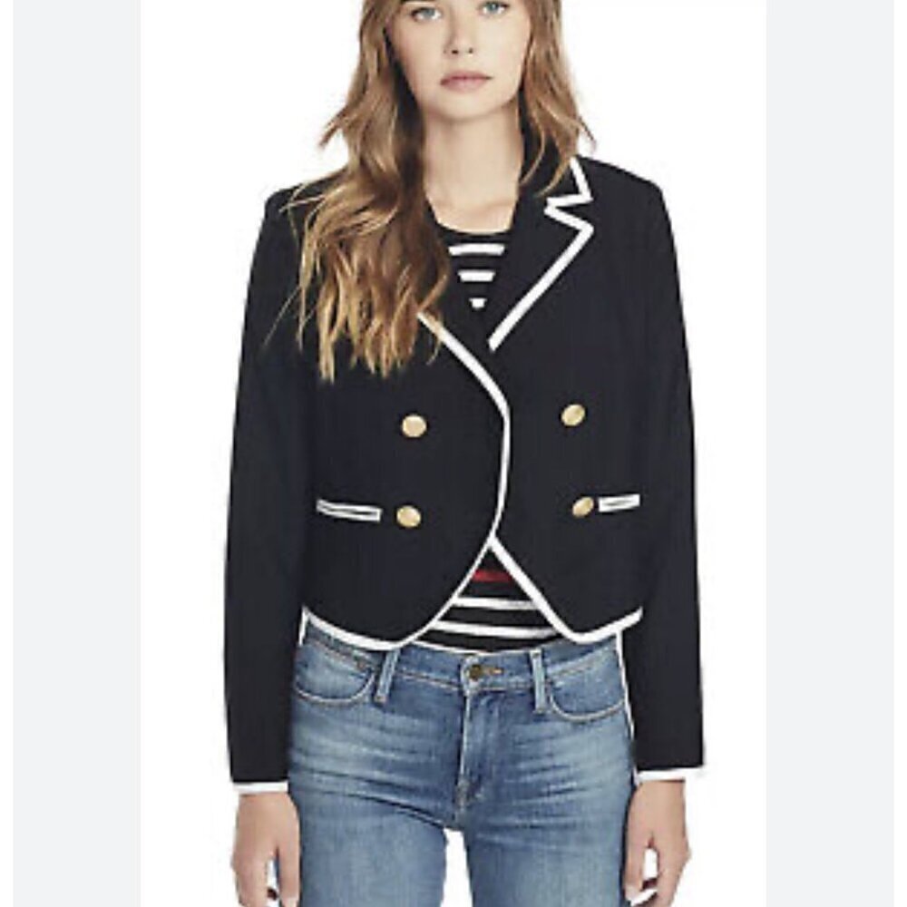 ❤️ Frame double breasted contrast trims blazer,black /white, Plus Size 14